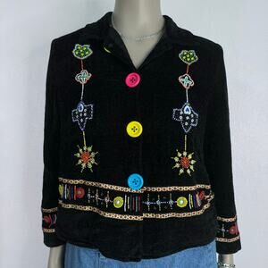 Vintage 90s Black Velour Jacket Colorful Beaded Embroidery Boho Artsy Statement